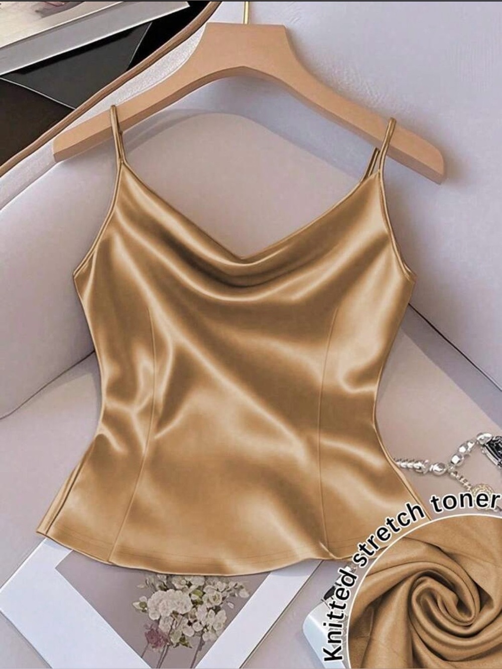 Satin Cowl Neck Camisole Tank Top - Gold